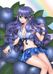  bangle blue_eyes blue_hair blueberry bracelet breasts cleavage female food food_themed_clothes fruit hair_ornament halter_top halterneck jewelry leaf long_hair midriff minigirl original personification pointy_ears rainbow skirt smile solo 