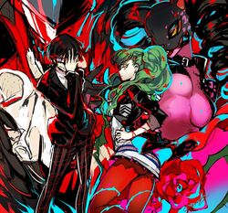  1boy amamiya_ren amamiya_ren_(cosplay) arsene_(persona_5) black_hair breasts c.c. carmen_(persona_5) code_geass collar commentary_request cosplay creayus drill_hair female fukuyama_jun green_hair grin hair_ornament hand_on_own_hip lelouch_vi_britannia long_hair mask medium_breasts pantyhose persona persona_5 purple_eyes red_legwear school_uniform shuujin_academy_school_uniform smile takamaki_anne takamaki_anne_(cosplay) twin_drills twintails voice_actor_connection yellow_eyes 