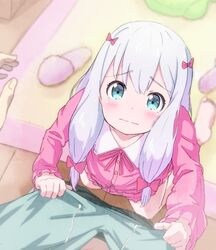  1boy aqua_eyes barefoot blue_hair blush bow carpet closed_mouth clothes_grab commentary_request eromanga_sensei female from_above gripping_clothes hair_ribbon hairbow izumi_masamune izumi_sagiri kneeling long_hair looking_at_viewer looking_up pajamas pink_bow pink_shirt pink_shorts pov ribbon shirt shorts slippers tears tsukiman unworn_slippers v-shaped_eyebrows wavy_mouth white_hair 