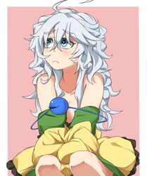  ahoge ashu blue_eyes blush collarbone commentary_request depressed female komeiji_koishi long_hair looking_away messy_hair off_shoulder pout ringed_eyes solo third_eye touhou unworn_shirt white_hair 