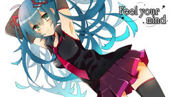  aqua_hair armpits arms_up commentary_request copyright_name detached_sleeves female green_eyes hatsune_miku long_hair necktie skirt solo thighhighs very_long_hair vocaloid white_background yutsuchi 