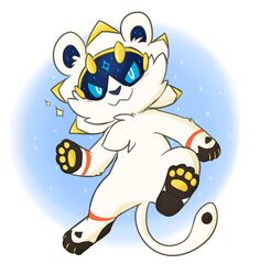  2016 action_pose anthro anthrofied big_head blue_eyes blush cheek_tuft chest_tuft facial_tuft felid front_view fur generation_7_pokemon grin legendary_pokemon looking_at_viewer male mammal nintendo oob pawpads pokemon pokemon_(species) pokemorph pose simple_background smile solgaleo solo toony tuft white_body white_fur young young_anthro 