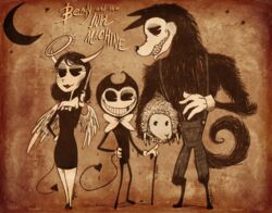  2017 alice_angel angel angel_humanoid anthro atlas-white bendy_and_the_ink_machine bendy_the_dancing_demon black_body black_fur boris_the_friendly_wolf bovid bow_(feature) bow_tie canid canine canis caprine clothed clothing demon demon_humanoid domestic_sheep female fur gloves group halo handwear horn humanoid hybrid male mammal overalls sheep teeth wolf 