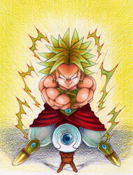  blank_eyes broly dragon_ball dragon_ball_z gauntlets legendary_super_saiyan male male_focus muscle smile space_craft spaceship super_saiyan traditional_art yokisaga 