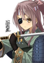  :&lt; armor bad_id bad_pixiv_id black_gloves brown_eyes brown_hair closed_mouth commentary_request eyepatch female fingerless_gloves furo_(harirate) gloves hachimaki hair_ribbon headband high_ponytail holding holding_sword holding_weapon japanese_armor japanese_clothes kantai_collection katana long_hair long_sleeves looking_at_viewer muneate ponytail ribbon shoulder_pads simple_background solo sword v-shaped_eyebrows weapon white_background zuihou_(kancolle) 