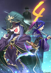  2boys aora bad_id bad_pixiv_id blue_eyes blue_hair dagger fate/stay_night fate_(series) female glasses glowing_glasses hat holding holding_dagger holding_knife holding_sword holding_weapon japanese_clothes knife kuzuki_souichirou medea_(fate) monohoshizao multiple_boys ootachi over_shoulder photoshop_(medium) pointy_ears rulebreaker sasaki_kojirou_(fate) sword sword_over_shoulder weapon weapon_over_shoulder 