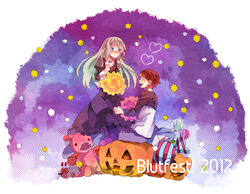  1boy blonde_hair blue_eyes blush candy commentary_request dress female ferret_von_balstein food jack-o&#039;-lantern kuragesaki lollipop long_hair michael_dietrich pumpkin red_hair short_hair smile stuffed_animal stuffed_toy vamp! 