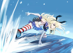  ajino_(sakanahen) anchor_hair_ornament bad_id bad_pixiv_id blonde_hair commentary_request crop_top elbow_gloves female gloves grey_eyes hair_ornament hairband highleg highleg_panties kantai_collection long_hair microskirt ocean panties sailor_collar shimakaze_(kancolle) skirt solo striped_clothes striped_thighhighs thighhighs torpedo turret underwear water white_gloves 