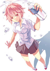  absurdres bad_id bad_pixiv_id bottle collared_shirt d-frag! female highres kurenai907 looking_at_viewer mizukami_sakura no_lineart no_socks pink_hair red_eyes school_uniform shirt short_hair skirt solo standing water_bottle water_drop white_background white_shirt 