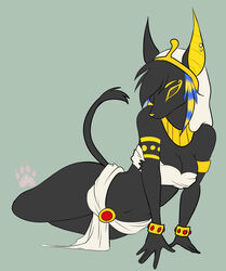  5_fingers andogg anthro anubian_jackal bottomwear bracelet breasts canid canine canis cleavage clothed clothing ear_piercing egyptian female fingers hair headdress jackal jewelry loincloth mammal midriff no_pupils piercing skimpy solo wide_hips yellow_nose 