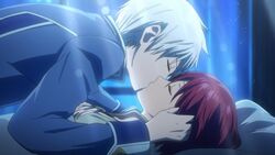  1boy akagami_no_shirayukihime couple female grey_hair kissing red_hair shirayuki_(akagami_no_shirayukihime) sleeping zen_wistalia 