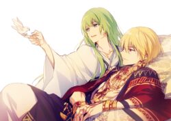  1boy 1other androgynous bird bird_on_hand blonde_hair bracelet chains collarbone commentary earrings enkidu_(fate) fate/grand_order fate_(series) gilgamesh_(fate) gilgamesh_(sumerian_garb)_(fate) gold gold_chain green_eyes green_hair jewelry long_hair long_sleeves necklace official_alternate_costume open_mouth outstretched_arm red_eyes robe short_hair simple_background sitting smile white_background white_robe wide_sleeves xia_(ryugo) 