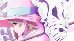  animal_skull bone brown_eyes brown_hair commentary_request female fur_collar hat heart highres kazari_rin looking_at_viewer mugyuu_(nekomimirinrin) ringed_eyes sideways_glance solo vector_trace witch witch_craft_works witch_hat 