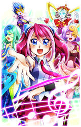  5girls aria_the_melodious_diva artist_request bad_link blue_eyes blue_skin breasts canon_the_melodious_diva colored_skin conductor_baton dress duel_disk duel_monster goggles goggles_on_eyes green_hair hiiragi_yuzu long_hair mozarta_the_melodious_maestra multiple_girls necktie pink_hair pink_skin purple_hair silver_skin skirt smile sonata_the_melodious_diva thighhighs twintails yellow_skin yu-gi-oh! yu-gi-oh!_arc-v 