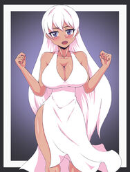  big_breasts bosomancer clothed console-tan female female_only gray_eyes looking_at_viewer pc-tan smiling_at_viewer variations white_dress white_hair 