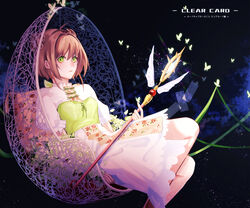  bug butterfly cardcaptor_sakura clear_card closed_mouth commentary_request corset dress english_text expressionless female floral_print green_eyes highres kinomoto_sakura looking_at_viewer nanxu partial_commentary ribbon short_hair sitting solo staff white_dress yume_no_tsue 