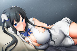  black_hair blue_eyes blue_ribbon blush bol_(liliymimi) breasts commentary_request dress dungeon_ni_deai_wo_motomeru_no_wa_machigatteiru_darou_ka female hestia_(danmachi) highres large_breasts long_hair looking_at_viewer lying on_side rei_no_himo ribbon smile solo twintails 