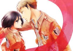  1boy amber_eyes black_eyes black_hair brown_hair couple duplicate eye_contact female hair_between_eyes jean_kirchstein light_brown_hair looking_at_another lowres mikasa_ackerman military military_uniform multicolored_hair shingeki_no_kyojin short_hair straight straight two-tone_hair uniform yellow_eyes 