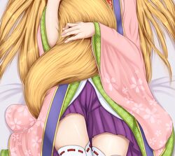  animal_ears bad_id bad_pixiv_id blonde_hair dakimakura_(medium) emil_chronicle_online female floral_print fox_tail hugging_own_tail hugging_tail japanese_clothes kimono loki_alma long_hair pink_kimono solo tail tenyoshi_(briansept) thighhighs 