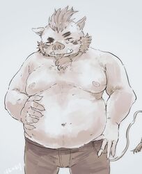  2018 anthro belly bottomwear buta5kawa clothing ganglie_(tas) hamuga86 hi_res humanoid_hands lifewonders male mammal mohawk moobs navel nipples overweight overweight_anthro overweight_male pants simple_background solo suid suina sus_(pig) tokyo_afterschool_summoners tongue tongue_out wild_boar 