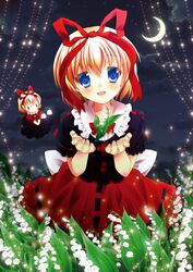  :d back_bow black_shirt blonde_hair blouse blue_eyes blurry blurry_background blush bow bowtie chisamikan cloud cloudy_sky commentary crescent_moon cupping_hands female field floating floating_object flower flower_field flying frilled_shirt_collar frills glowing glowing_flower hair_ribbon hands_up head_tilt highres leaf lily_of_the_valley looking_at_viewer medicine_melancholy moon night night_sky open_hands open_mouth outdoors own_hands_together puffy_short_sleeves puffy_sleeves red_bow red_bowtie red_ribbon red_skirt ribbon ribbon-trimmed_shirt ribbon-trimmed_skirt ribbon_trim shirt short_hair short_sleeves skirt sky smile snowbell_(flower) solo su-san touhou white_bow white_flower |_| 