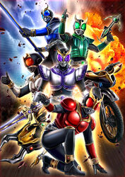  1boy beetle belt bowgun bug commentary_request dragon_rod explosion gouram ground_vehicle gun highres kamen_rider kamen_rider_kuuga kamen_rider_kuuga_(series) kuuga_(dragon) kuuga_(growing) kuuga_(mighty) kuuga_(pegasus) kuuga_(titan) masukudo_(hamamoto_hikaru) motor_vehicle multiple_persona pegasus_gun shoulder_pads staff sword thumbs_up titan_sword tokusatsu trychaser weapon 