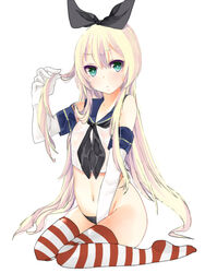  black_panties blonde_hair blush commentary_request elbow_gloves female gloves green_eyes hairband highleg highleg_panties highres kantai_collection long_hair looking_at_viewer navel panties see-through shimakaze_(kancolle) simple_background sitting solo striped_clothes striped_thighhighs thighhighs tsumugi_touto underwear white_background white_gloves 