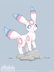  2017 3_toes alternate_color black_nose blue_eyes blue_fur cute eeveelution eyelashes female fluffy fluffy_tail fur grey_background loimu looking_at_viewer markings minttu_(loimu) nintendo on_rock pink_fur pok&eacute;mon_(species) pokemon raised_paw rock simple_background toes umbreon video_games white_fur 