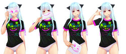  ;d albino animal_ears cat_ears drawing female gradient_hair highres kataasa-ko long_hair mr.romance multicolored_hair one_eye_closed open_mouth original red_eyes shirt smile swimsuit swimsuit_under_clothes tongue tongue_out white_hair 