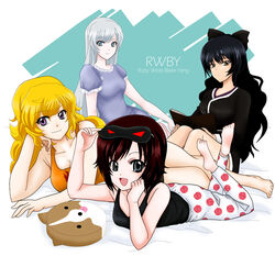  4girls bad_id bad_pixiv_id black_hair blake_belladonna blonde_hair book bow breasts character_name copyright_name hairbow jimauso long_hair medium_breasts multiple_girls night_clothes nightgown ponytail purple_eyes red_hair ruby_rose rwby scar short_hair sleep_mask smile weiss_schnee white_hair yang_xiao_long yellow_eyes 