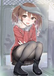  adapted_uniform ankle_boots bad_id bad_pixiv_id black_footwear black_pantyhose blush boots brown_eyes brown_hair cigarette coat commentary_request ear_piercing earrings female fine_fabric_emphasis fingernails highres hood hoodie jewelry kantai_collection looking_at_viewer makabe_gorou oerba_yun_fang open_mouth panties panties_under_pantyhose pantyhose piercing ryuujou_(kancolle) skirt sleeves_past_wrists smile smoking solo squatting thighband_pantyhose twintails underwear visor_cap 