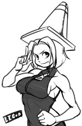  absurdres angie_(nerf_now!!) bare_shoulders breasts engineer_(tf2) female genderswap_(mtf) greyscale grin halterneck highres josue_pereira large_breasts mighty_no._9 monochrome muscular nerf_now!! on_head parody rule_63 salute short_hair sideboob smile team_fortress_2 traffic_cone traffic_cone_on_head zipper 