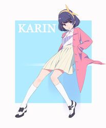  :o akeboshi_karin blue_background blue_hair buckle character_name commentary_request eyebrows female full_body go!_princess_precure hairband hand_in_pocket highres jacket kamo_kamen kneehighs long_legs long_sleeves looking_at_viewer open_clothes open_jacket open_mouth photoshop_(medium) pleated_skirt precure purple_eyes shirt shoes short_hair skirt socks solo striped_clothes striped_shirt unbuttoned vertical-striped_clothes vertical-striped_shirt white_footwear white_shirt 