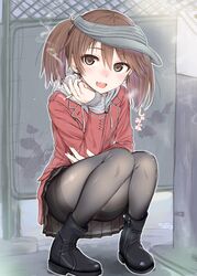  ankle_boots black_footwear black_pantyhose blush boots brown_eyes brown_hair cigarette coat commentary_request ear_piercing earrings female fine_fabric_emphasis highres hood hoodie jewelry kantai_collection makabe_gorou oerba_yun_fang open_mouth panties panties_under_pantyhose pantyhose piercing ryuujou_(kancolle) skirt sleeves_past_wrists smile smoking solo squatting thighband_pantyhose twintails underwear visor_cap 