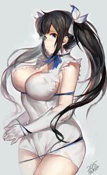  artist_name bad_id bad_pixiv_id black_hair blue_eyes blue_ribbon bound breasts cameltoe covered_nipples cowboy_shot dress dungeon_ni_deai_wo_motomeru_no_wa_machigatteiru_darou_ka female gloves hair_ribbon hestia_(danmachi) highres large_breasts long_hair mukka pencil_dress rei_no_himo ribbon ribbon_bondage solo sweatdrop twintails white_dress white_gloves 