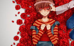  2boys blood blood_from_eyes blood_on_face book closed_eyes commentary_request crown death flower hand_on_another&#039;s_head highres jewelry lying mizuoka_yuuichi multiple_boys photoshop_(medium) re:kinder red_flower red_rose ring rose seriko_(seo77000) shirt short_hair striped_clothes striped_shirt suspenders takano_shunsuke white_shirt 