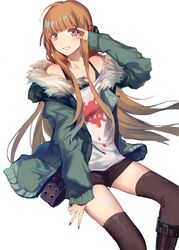  absurdres ahoge arm_up bad_id bad_pixiv_id bare_shoulders behind-the-head_headphones black_nails black_shorts black_thighhighs blunt_bangs boots cross-laced_footwear feet_out_of_frame female fur-trimmed_jacket fur_collar fur_trim green_jacket headphones highres jacket lace-up_boots lanlanlu_(809930257) long_hair long_sleeves looking_at_viewer nail_polish off_shoulder persona persona_5 purple_eyes sakura_futaba shirt shorts simple_background smile solo straight_hair tank_top teeth thighhighs v white_background white_shirt 