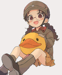  :d beige_background bird blush_stickers boots braid breast_pocket brown_eyes brown_footwear brown_hair brown_jacket buttons chi-hatan_military_uniform dot_nose duck female fingernails fukuda_haru girls_und_panzer glasses helmet holding jacket jpeg_artifacts linaria_(ookinahitomi) long_hair long_sleeves looking_at_viewer low_twintails military military_jacket military_uniform open_mouth orange_skirt photoshop_(medium) pleated_skirt pocket round_eyewear school_uniform shoe_soles simple_background sitting skirt smile tareme twin_braids twintails uniform zipper zipper_pull_tab 