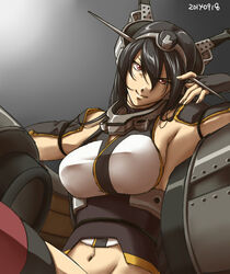  bare_shoulders black_hair breasts commentary_request elbow_gloves female fingerless_gloves gloves hairband headgear kantai_collection large_breasts long_hair midriff nagato_(kancolle) navel red_eyes tsuzuki_masumi 