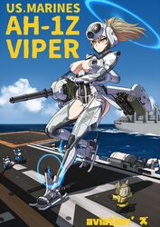  ah-1z_viper aircraft bomb breasts brown_hair character_name cleavage commentary covered_navel explosive expressionless feline female gatling_gun giant giantess gun headgear helicopter large_breasts leotard long_hair low_wings mecha_musume mechanical_wings mikoyan minigun missile_pod ocean original personification ponytail ship solo_focus united_states_marine_corps united_states_navy watercraft weapon wings yellow_eyes 