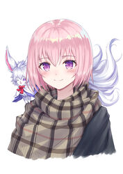  bad_id bad_pixiv_id blush bow closed_mouth commentary creature fate/grand_order fate_(series) female fou_(fate) hair_between_eyes happy highres mash_kyrielight mash_kyrielight_(chaldea_teatime) official_alternate_costume on_shoulder one_eye_closed pink_hair plaid purple_eyes red_bow seungju_lee short_hair simple_background smile upper_body white_background 