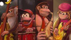  16:9 anthro ape banana blonde_hair blue_eyes brown_body brown_fur clothing cranky_kong diddy_kong dixie_kong donkey_kong_(character) donkey_kong_(series) eyewear female food fruit fur glasses grey_hair group guitar hair haplorhine hat headgear headwear kong long_hair male mammal miiverse monkey muscular muscular_male musical_instrument necktie nintendo open_mouth pecs pepachu plant playing_guitar playing_music plucked_string_instrument primate signature smile string_instrument tongue widescreen 