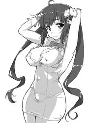  breasts cleavage commentary_request dress dungeon_ni_deai_wo_motomeru_no_wa_machigatteiru_darou_ka female greyscale hestia_(danmachi) large_breasts long_hair monochrome pencil_dress rei_no_himo ribbon solo twintails yamaguchi_homupe 