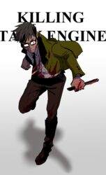  1boy bad_id bad_twitter_id black_hair blazer blood blood_on_clothes english_text full_body glasses gradient_background henry_the_green_engine highres jacket kendy_(revolocities) knife male_focus opaque_glasses personification school_uniform simple_background solo thomas_the_tank_engine 