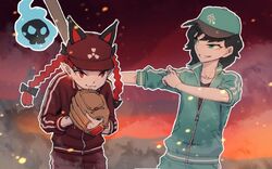  2girls :3 alternate_costume animal_ears baseball_bat baseball_cap baseball_mitt batting_stance black_hair braid cat_ears commentary_request green_eyes hat jacket kaenbyou_rin long_hair meimaru_inuchiyo multiple_girls murasa_minamitsu parody pointy_ears radiation_symbol red_eyes red_hair short_hair skull smile smirk suzuki_ichirou touhou track_jacket track_suit twin_braids 