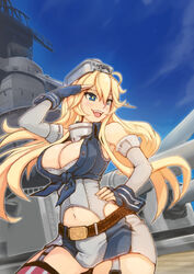  blonde_hair blue_eyes breasts cleavage commentary_request female fingerless_gloves garter_straps gloves historical_name_connection iowa_(kancolle) kantai_collection large_breasts long_hair military_vehicle miniskirt name_connection object_namesake ship skirt smile solo star-shaped_pupils star_(symbol) symbol-shaped_pupils thighhighs uss_iowa_(bb-61) vehicle_and_personification warship watercraft xion_(nyoxion) zettai_ryouiki 