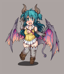  :d aqua_eyes aqua_hair breasts chibi chione_(monster_musume) claws cleavage commentary female full_body gargoyle grey_background horns long_hair looking_at_viewer medium_breasts monster_girl monster_musume_no_iru_nichijou monster_musume_no_iru_nichijou_online necktie oerba_yun_fang open_mouth photoshop_(medium) pointy_ears shadow simple_background skirt smile solo tail tokamaku waving wings 