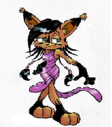  black_hair black_nose clothed clothing dress felid feline green_eyes hair half-closed_eyes low_res lynx mammal narrowed_eyes nicole_(disambiguation) simple_background standing unknown_artist white_background 