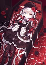  alice_claudia animal_ears bad_id bad_pixiv_id black_legwear capelet coffin commentary_request cross dress female glaring gloves headdress heterochromia jitome lolita_fashion long_hair looking_at_viewer lying on_back original solo tsukikage_nemu vampire very_long_hair white_hair 