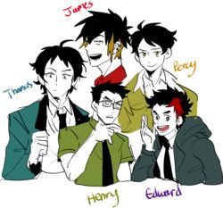  5boys ahoge bad_id bad_twitter_id black_hair blazer character_name ear_piercing edward_the_blue_engine glasses hand_on_own_chin henry_the_green_engine hood hoodie jacket james_the_red_engine kendy_(revolocities) male_focus multicolored_hair multiple_boys percy_the_small_engine personification piercing redesign school_uniform short_hair streaked_hair stroking_own_chin thomas_the_tank_engine thomas_the_tank_engine_(character) two-tone_hair upper_body 